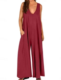 Women's Normal Jumpsuit Active Solid Color Sleeveless V Neck High Waist Vacation Street Loose Fit Red Green Summer Women Jumpsuits