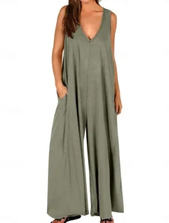 Women's Normal Jumpsuit Active Solid Color Sleeveless V Neck High Waist Vacation Street Loose Fit Red Green Summer Women Jumpsuits