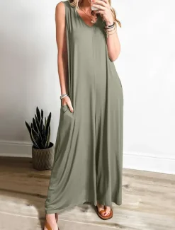 Women's Normal Jumpsuit Active Solid Color Sleeveless V Neck High Waist Vacation Street Loose Fit Red Green Summer Women Jumpsuits