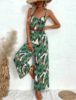 Online Women's Normal Jumpsuit Active Floral Sleeveless V Neck Backless High Waist Vacation Daily Regular Fit Summer Women Graphic Jumpsuit