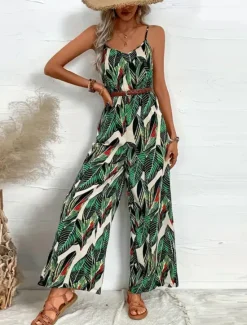 Online Women's Normal Jumpsuit Active Floral Sleeveless V Neck Backless High Waist Vacation Daily Regular Fit Summer Women Graphic Jumpsuit