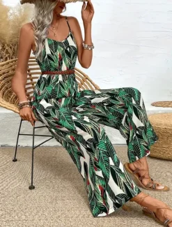 Online Women's Normal Jumpsuit Active Floral Sleeveless V Neck Backless High Waist Vacation Daily Regular Fit Summer Women Graphic Jumpsuit