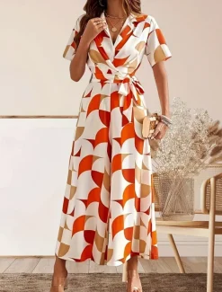 Discount Women's Normal Jumpsuit Active Geometric Short Sleeve Wide Leg V Neck Lace up High Waist Vacation Daily Regular Fit Orange Green Summer Women Jumpsuits