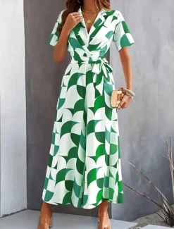 Discount Women's Normal Jumpsuit Active Geometric Short Sleeve Wide Leg V Neck Lace up High Waist Vacation Daily Regular Fit Orange Green Summer Women Jumpsuits