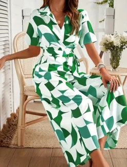 Discount Women's Normal Jumpsuit Active Geometric Short Sleeve Wide Leg V Neck Lace up High Waist Vacation Daily Regular Fit Orange Green Summer Women Jumpsuits