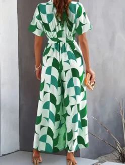 Discount Women's Normal Jumpsuit Active Geometric Short Sleeve Wide Leg V Neck Lace up High Waist Vacation Daily Regular Fit Orange Green Summer Women Jumpsuits
