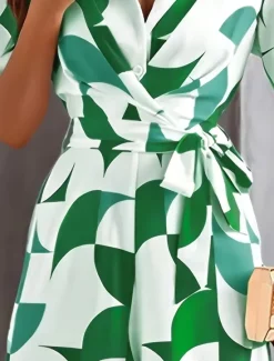 Discount Women's Normal Jumpsuit Active Geometric Short Sleeve Wide Leg V Neck Lace up High Waist Vacation Daily Regular Fit Orange Green Summer Women Jumpsuits