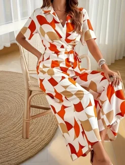 Discount Women's Normal Jumpsuit Active Geometric Short Sleeve Wide Leg V Neck Lace up High Waist Vacation Daily Regular Fit Orange Green Summer Women Jumpsuits
