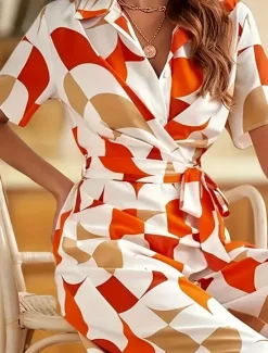 Discount Women's Normal Jumpsuit Active Geometric Short Sleeve Wide Leg V Neck Lace up High Waist Vacation Daily Regular Fit Orange Green Summer Women Jumpsuits