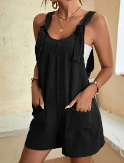 Women's Normal Jumpsuit Basic Solid Color Sleeveless Crew Neck Buttons Pocket Street Daily Regular Fit Black Light Green Pink Summer Women Rompers|Overalls