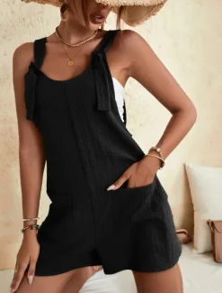 Women's Normal Jumpsuit Basic Solid Color Sleeveless Crew Neck Buttons Pocket Street Daily Regular Fit Black Light Green Pink Summer Women Rompers|Overalls
