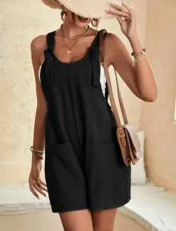 Women's Normal Jumpsuit Basic Solid Color Sleeveless Crew Neck Buttons Pocket Street Daily Regular Fit Black Light Green Pink Summer Women Rompers|Overalls