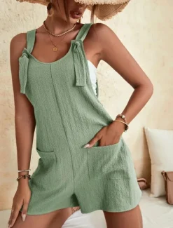 Women's Normal Jumpsuit Basic Solid Color Sleeveless Crew Neck Buttons Pocket Street Daily Regular Fit Black Light Green Pink Summer Women Rompers|Overalls