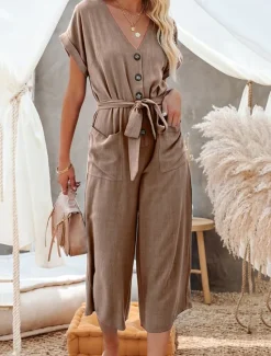 Women's Normal Jumpsuit Basic Solid Color Short Sleeve Shirt Collar Lace up Buttons Street Daily Regular Fit Black Army Green Khaki Summer Women Jumpsuits