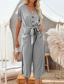 Women's Normal Jumpsuit Basic Solid Color Short Sleeve Shirt Collar Lace up Buttons Street Daily Regular Fit Black Army Green Khaki Summer Women Jumpsuits