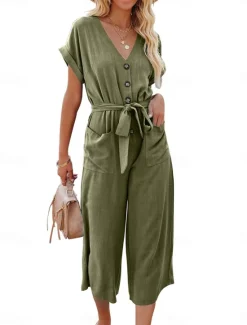 Women's Normal Jumpsuit Basic Solid Color Short Sleeve Shirt Collar Lace up Buttons Street Daily Regular Fit Black Army Green Khaki Summer Women Jumpsuits