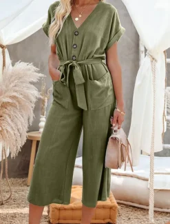 Women's Normal Jumpsuit Basic Solid Color Short Sleeve Shirt Collar Lace up Buttons Street Daily Regular Fit Black Army Green Khaki Summer Women Jumpsuits