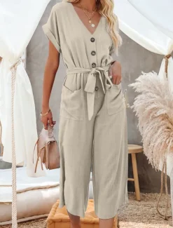 Women's Normal Jumpsuit Basic Solid Color Short Sleeve Shirt Collar Lace up Buttons Street Daily Regular Fit Black Army Green Khaki Summer Women Jumpsuits