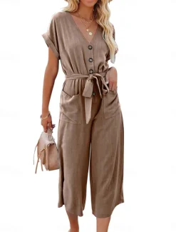 Women's Normal Jumpsuit Basic Solid Color Short Sleeve Shirt Collar Lace up Buttons Street Daily Regular Fit Black Army Green Khaki Summer Women Jumpsuits