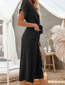 Women's Normal Jumpsuit Basic Solid Color Short Sleeve Shirt Collar Lace up Buttons Street Daily Regular Fit Black Army Green Khaki Summer Women Jumpsuits