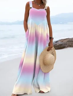 Clearance Women's Normal Jumpsuit Dungarees Casual Tie Dye Sleeveless Square Neck Pocket Print Street Daily Regular Fit Black Pink Blue Summer Women Overalls
