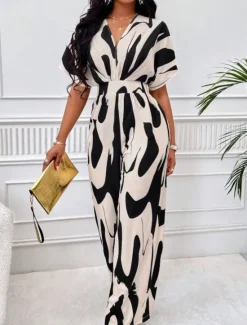 Best Women's Normal Jumpsuit Elegant Color Block Short Sleeve Butterfly Sleeve V Neck Print Work Daily Regular Fit White Orange Brown Summer Women Jumpsuits|Graphic Jumpsuit