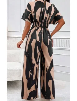 Best Women's Normal Jumpsuit Elegant Color Block Short Sleeve Butterfly Sleeve V Neck Print Work Daily Regular Fit White Orange Brown Summer Women Jumpsuits|Graphic Jumpsuit