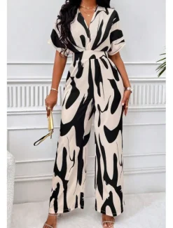 Best Women's Normal Jumpsuit Elegant Color Block Short Sleeve Butterfly Sleeve V Neck Print Work Daily Regular Fit White Orange Brown Summer Women Jumpsuits|Graphic Jumpsuit