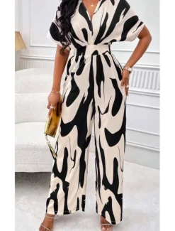 Best Women's Normal Jumpsuit Elegant Color Block Short Sleeve Butterfly Sleeve V Neck Print Work Daily Regular Fit White Orange Brown Summer Women Jumpsuits|Graphic Jumpsuit