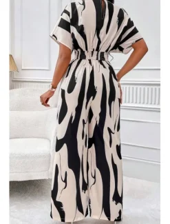 Best Women's Normal Jumpsuit Elegant Color Block Short Sleeve Butterfly Sleeve V Neck Print Work Daily Regular Fit White Orange Brown Summer Women Jumpsuits|Graphic Jumpsuit