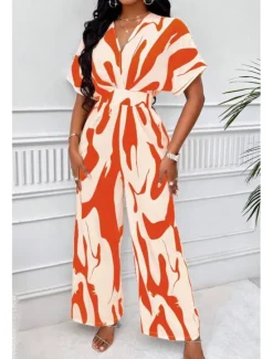 Best Women's Normal Jumpsuit Elegant Color Block Short Sleeve Butterfly Sleeve V Neck Print Work Daily Regular Fit White Orange Brown Summer Women Jumpsuits|Graphic Jumpsuit