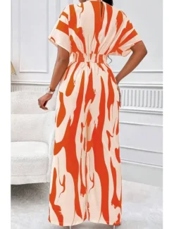 Best Women's Normal Jumpsuit Elegant Color Block Short Sleeve Butterfly Sleeve V Neck Print Work Daily Regular Fit White Orange Brown Summer Women Jumpsuits|Graphic Jumpsuit