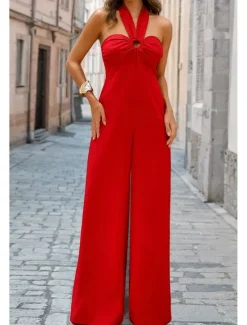 Hot Women's Normal Jumpsuit Elegant Solid Color Sleeveless Halter Neck Backless Party Regular Fit Black White Red Summer Women Jumpsuits