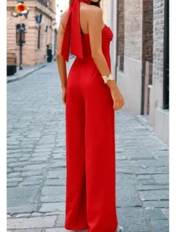 Hot Women's Normal Jumpsuit Elegant Solid Color Sleeveless Halter Neck Backless Party Regular Fit Black White Red Summer Women Jumpsuits