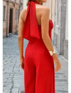 Hot Women's Normal Jumpsuit Elegant Solid Color Sleeveless Halter Neck Backless Party Regular Fit Black White Red Summer Women Jumpsuits
