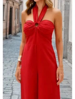 Hot Women's Normal Jumpsuit Elegant Solid Color Sleeveless Halter Neck Backless Party Regular Fit Black White Red Summer Women Jumpsuits