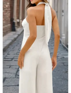 Hot Women's Normal Jumpsuit Elegant Solid Color Sleeveless Halter Neck Backless Party Regular Fit Black White Red Summer Women Jumpsuits
