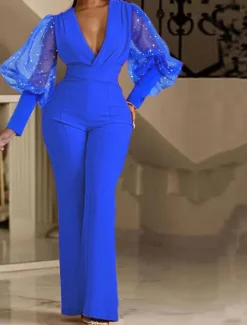 Women's Normal Jumpsuit Elegant Solid Color Long Sleeve V Neck High Waist Wedding Party Regular Fit Blue Fuchsia Green Spring Women Jumpsuits