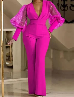 Women's Normal Jumpsuit Elegant Solid Color Long Sleeve V Neck High Waist Wedding Party Regular Fit Blue Fuchsia Green Spring Women Jumpsuits