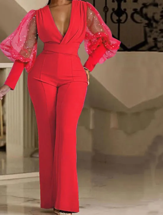 Women's Normal Jumpsuit Elegant Solid Color Long Sleeve V Neck High Waist Wedding Party Regular Fit Blue Fuchsia Green Spring Women Jumpsuits