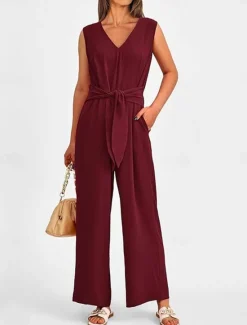 Sale Women's Normal Jumpsuit Elegant Solid Color Sleeveless V Neck Lace up Pocket Office Business Regular Fit Black Wine Army Green Summer Women Jumpsuits