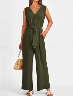 Sale Women's Normal Jumpsuit Elegant Solid Color Sleeveless V Neck Lace up Pocket Office Business Regular Fit Black Wine Army Green Summer Women Jumpsuits