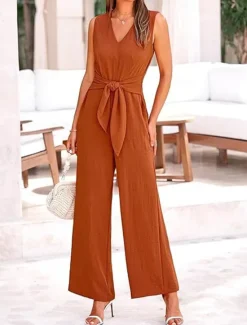 Sale Women's Normal Jumpsuit Elegant Solid Color Sleeveless V Neck Lace up Pocket Office Business Regular Fit Black Wine Army Green Summer Women Jumpsuits