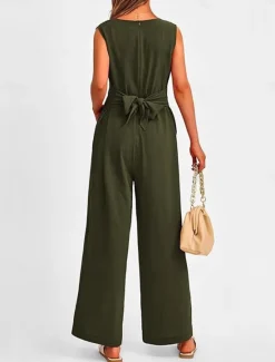 Sale Women's Normal Jumpsuit Elegant Solid Color Sleeveless V Neck Lace up Pocket Office Business Regular Fit Black Wine Army Green Summer Women Jumpsuits