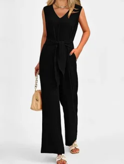 Sale Women's Normal Jumpsuit Elegant Solid Color Sleeveless V Neck Lace up Pocket Office Business Regular Fit Black Wine Army Green Summer Women Jumpsuits