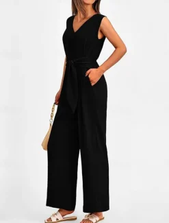 Sale Women's Normal Jumpsuit Elegant Solid Color Sleeveless V Neck Lace up Pocket Office Business Regular Fit Black Wine Army Green Summer Women Jumpsuits