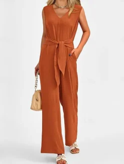 Sale Women's Normal Jumpsuit Elegant Solid Color Sleeveless V Neck Lace up Pocket Office Business Regular Fit Black Wine Army Green Summer Women Jumpsuits