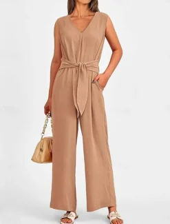 Sale Women's Normal Jumpsuit Elegant Solid Color Sleeveless V Neck Lace up Pocket Office Business Regular Fit Black Wine Army Green Summer Women Jumpsuits