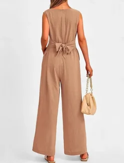 Sale Women's Normal Jumpsuit Elegant Solid Color Sleeveless V Neck Lace up Pocket Office Business Regular Fit Black Wine Army Green Summer Women Jumpsuits