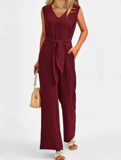 Sale Women's Normal Jumpsuit Elegant Solid Color Sleeveless V Neck Lace up Pocket Office Business Regular Fit Black Wine Army Green Summer Women Jumpsuits